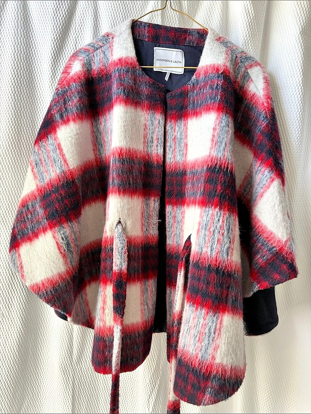 Andersen & Lauth Plaid Wool Blend Belted Poncho Cape Red & Gray